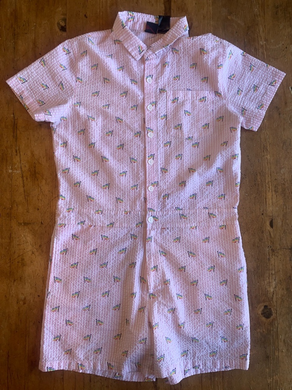MAD Engine Pink Seersucker Button Down Gay Pride Flag Romper